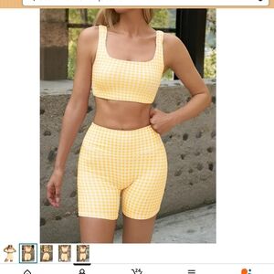 Womens Workout Gingham 2 Piece Outfits Padded Open Back Crop Tank High Waist Spo